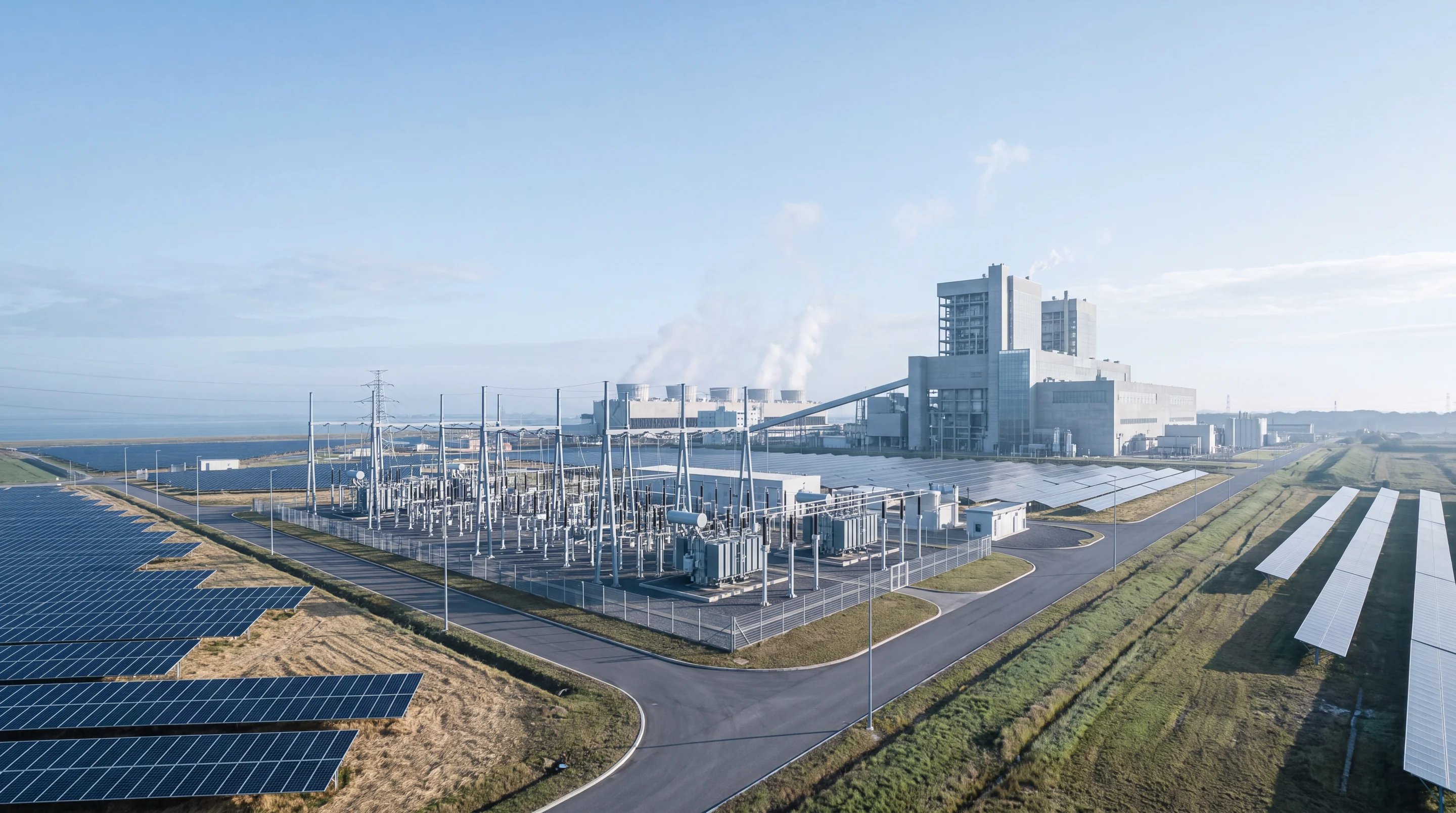 A wide view across a substation, a solar array and a plant building