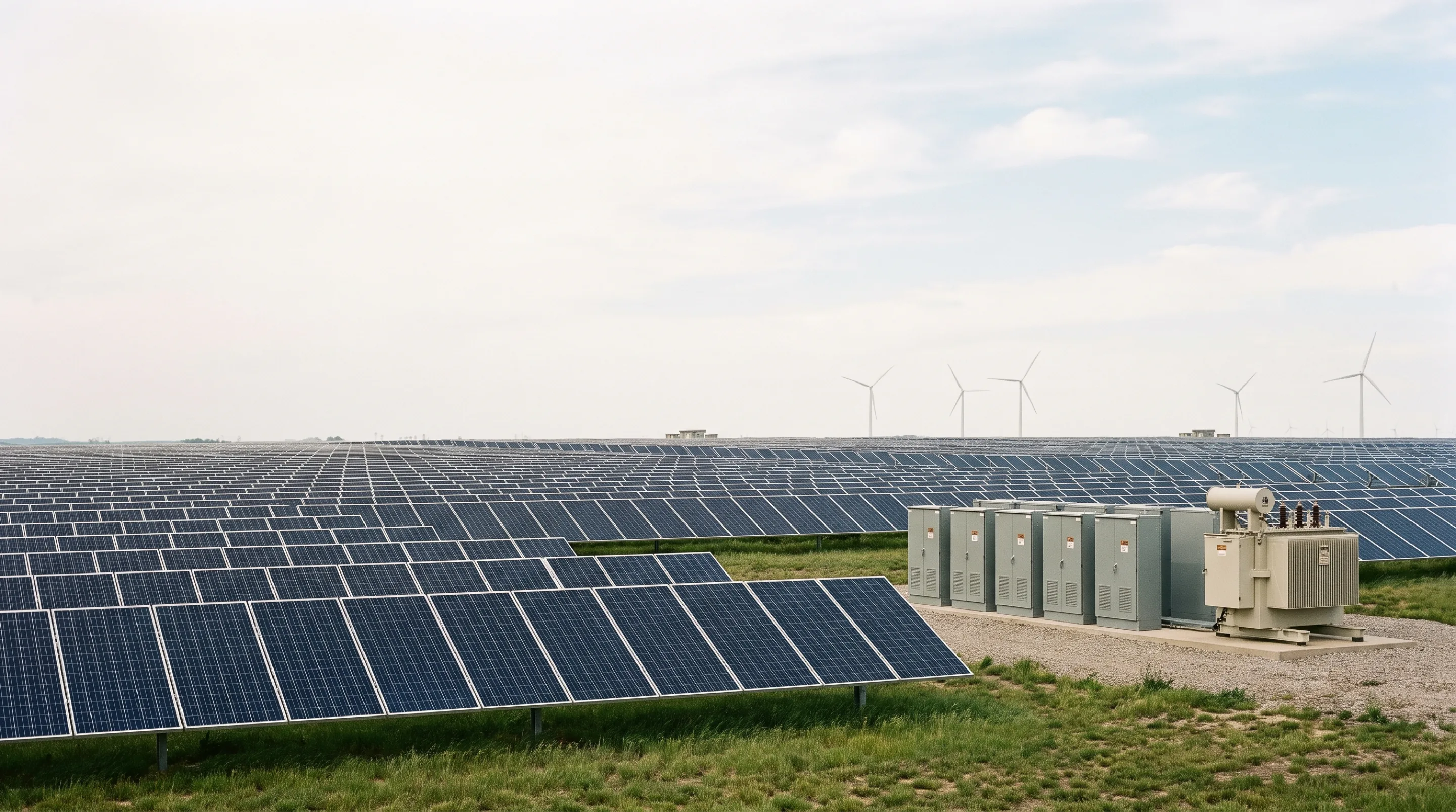 A utility-scale solar array in daylight with string inverter cabinets and a transformer skid at the edge of the rows