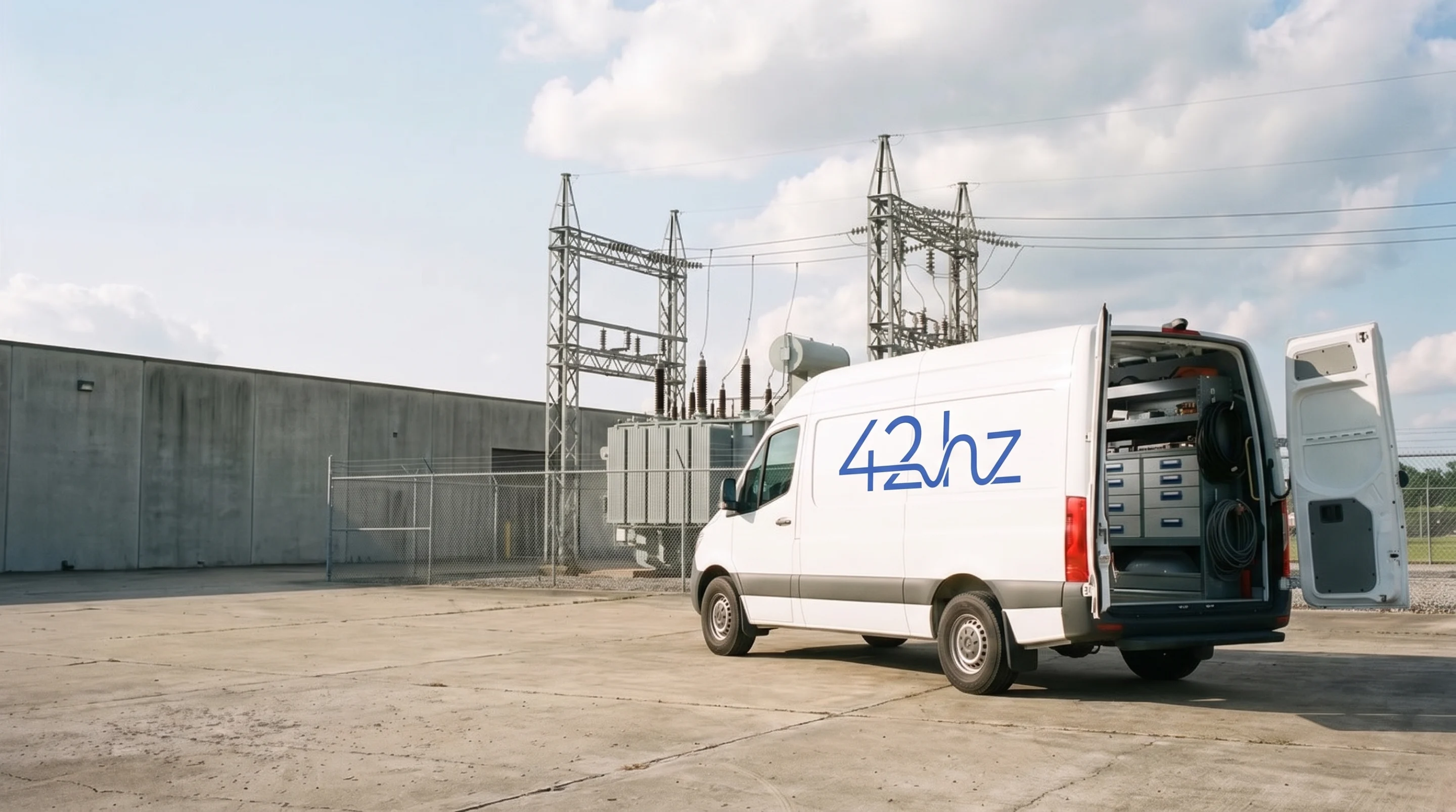 A 42hz-liveried service van parked outside a substation, rear doors open showing tool drawers, parts bins and coiled cable
