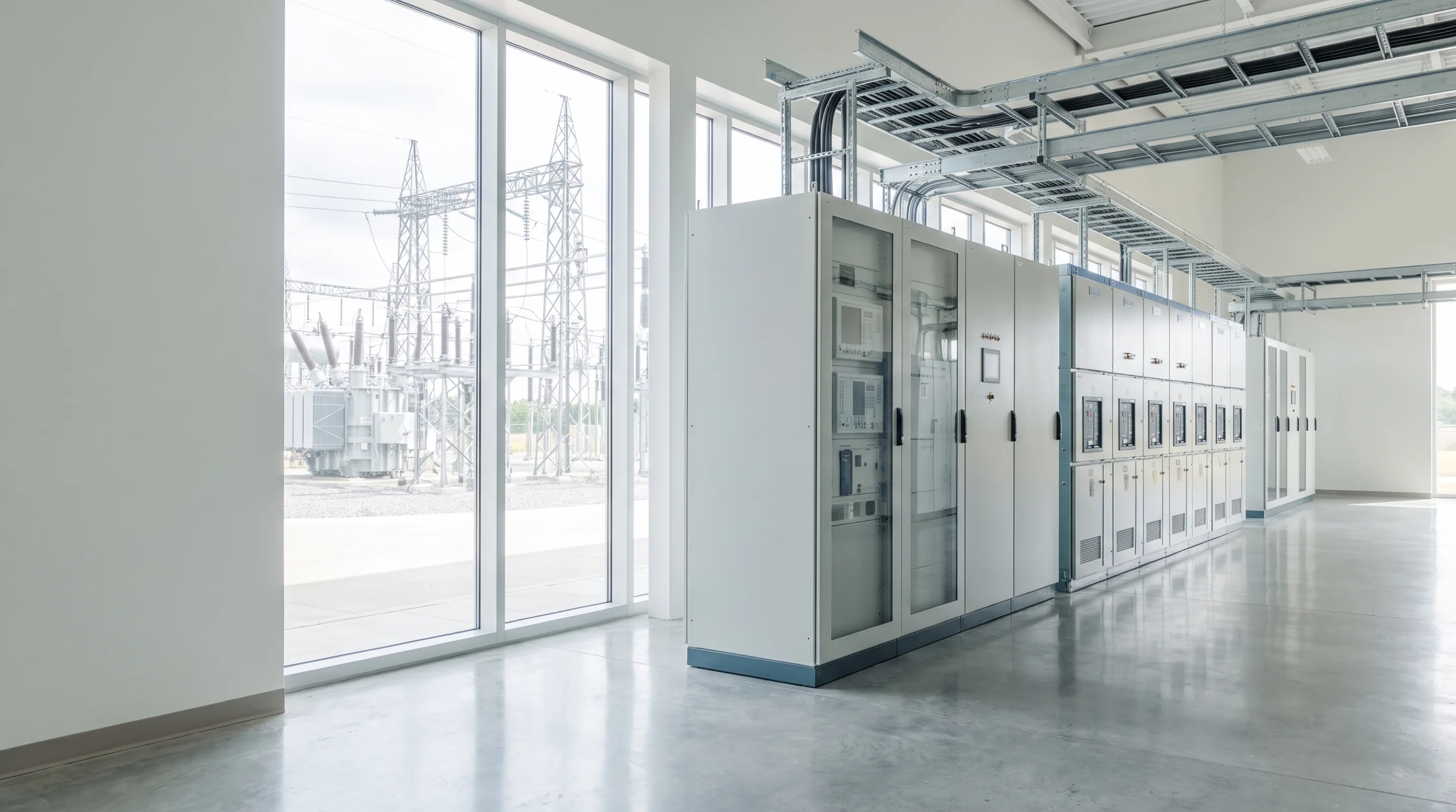 A substation control building: protection relay panels and switchgear inside, the high-voltage yard visible through tall windows