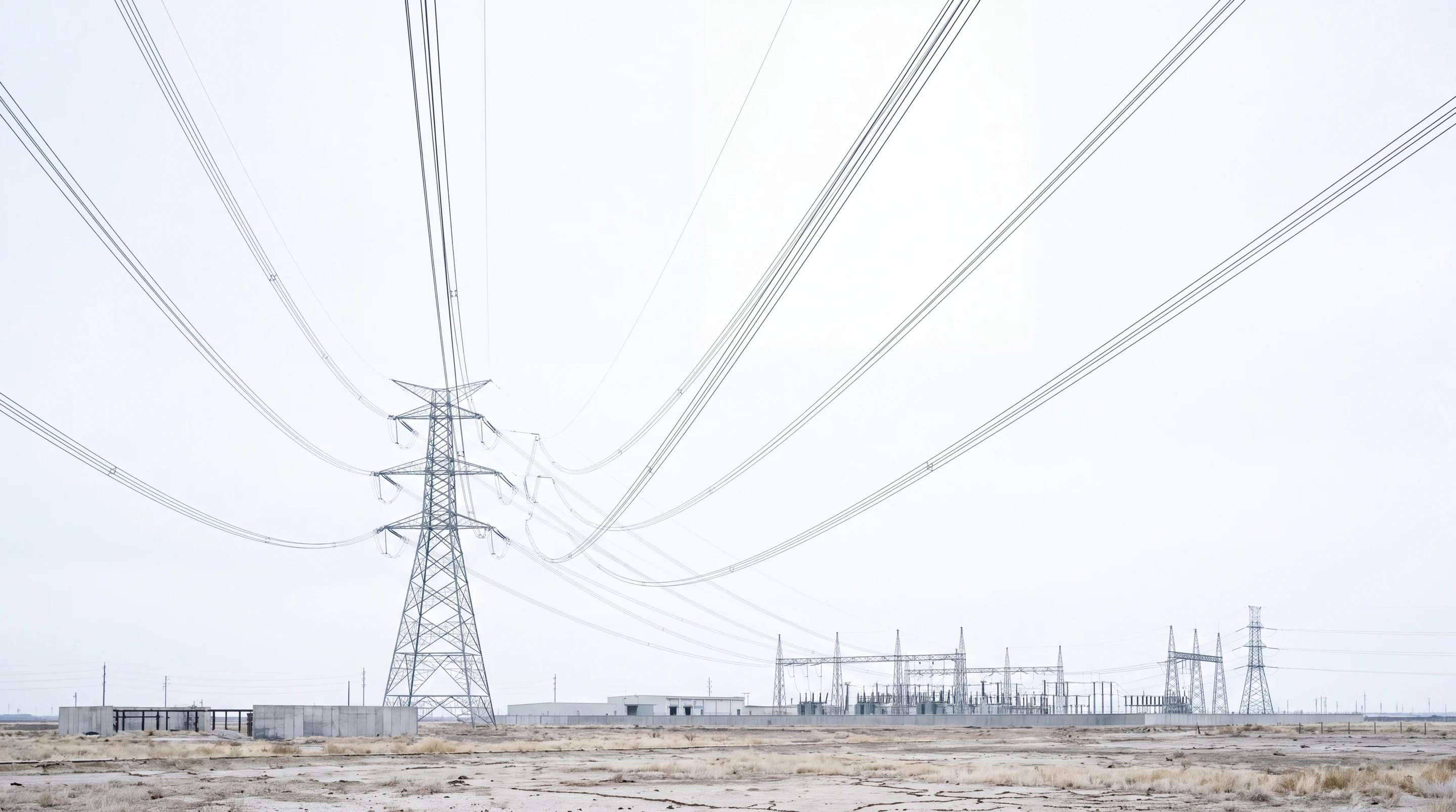 Transmission conductors sweeping across a bright overcast sky