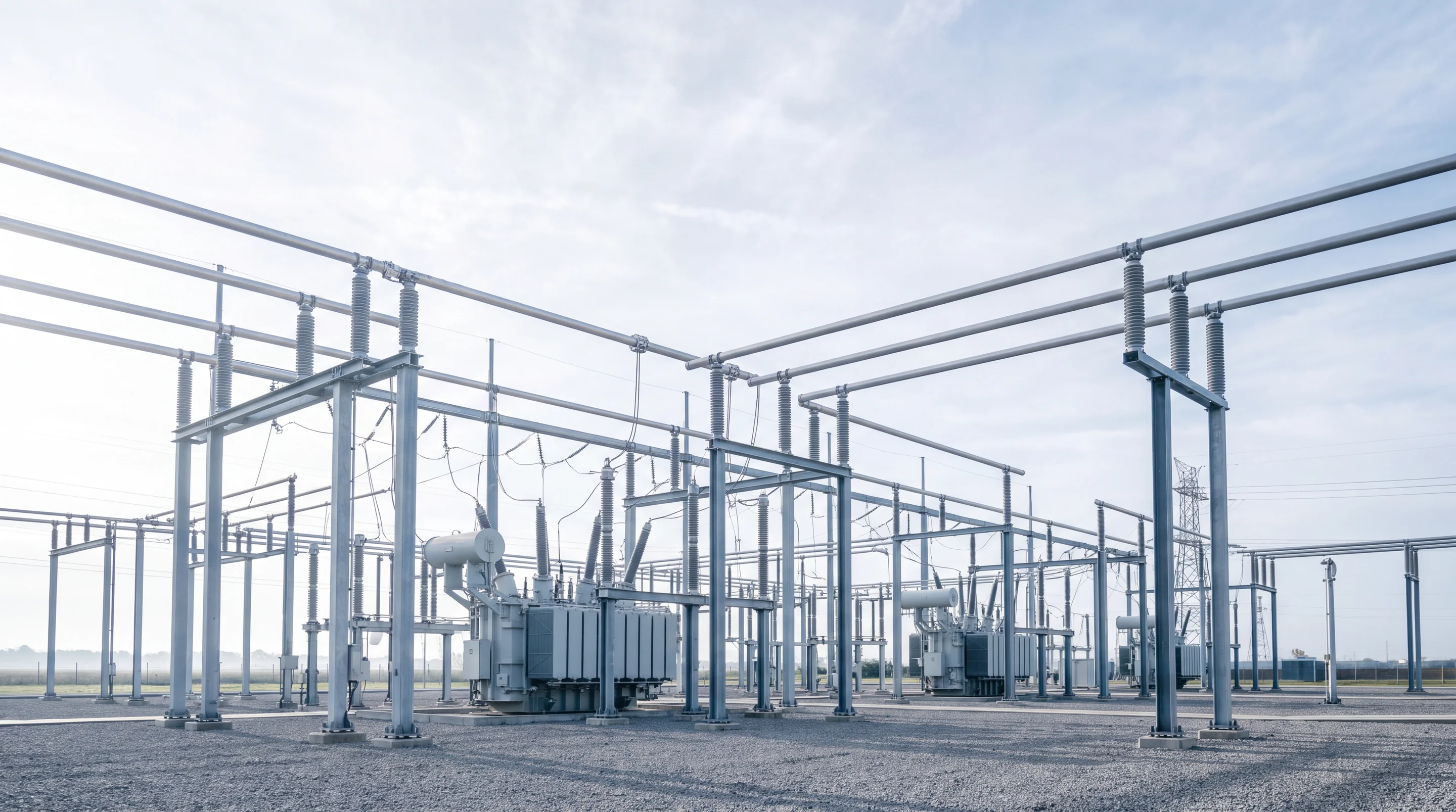 A substation control building at dusk, its relay panels lit behind tall windows