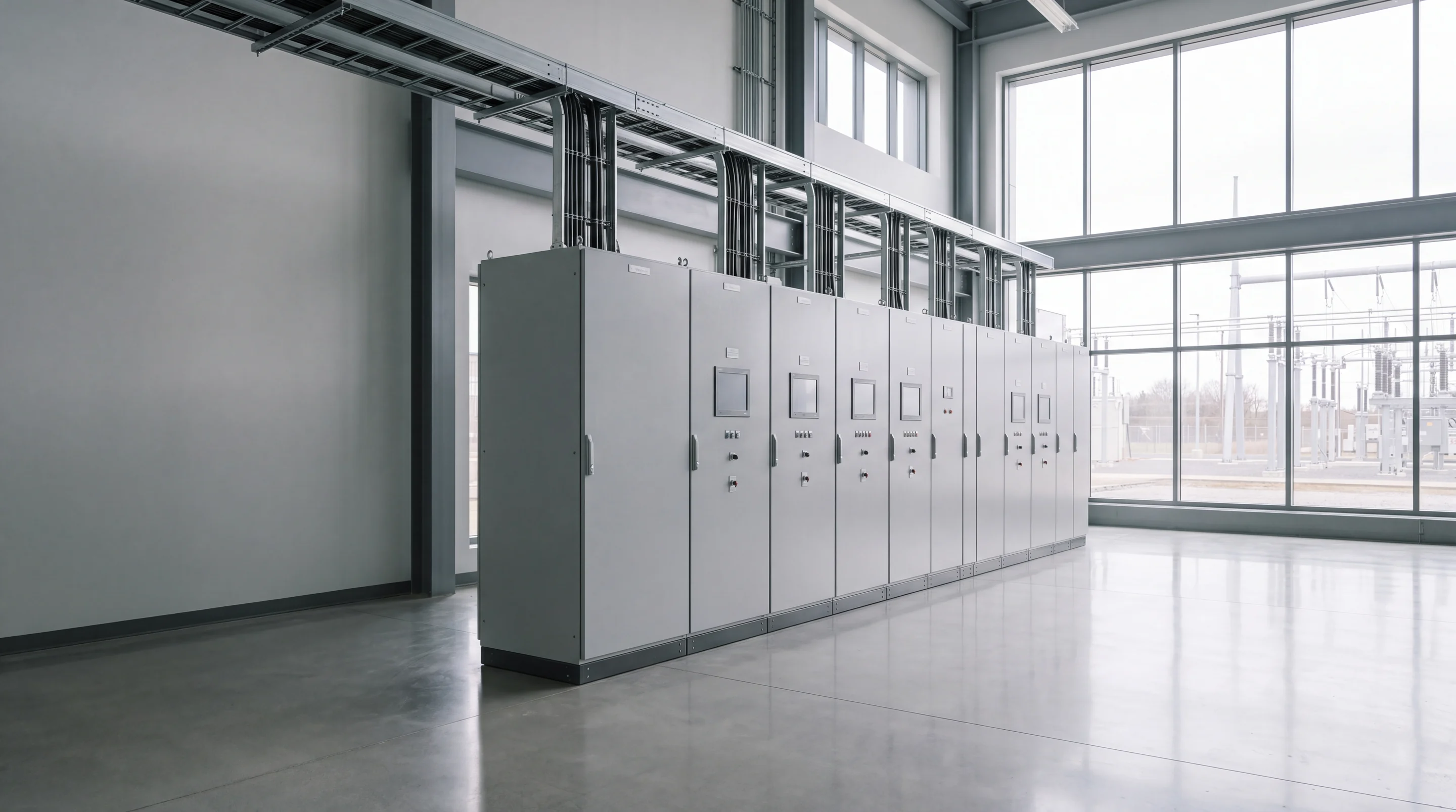 A row of protection relay panels in a bright substation control building