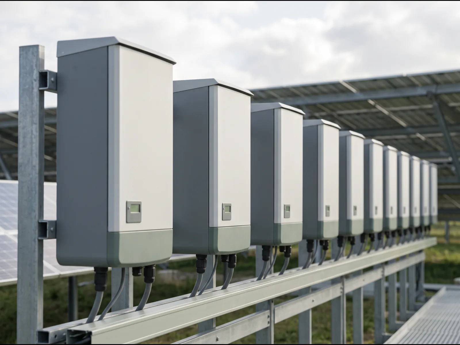 An inverter cabinet standing open at the edge of a solar array with a tool case laid out beside it