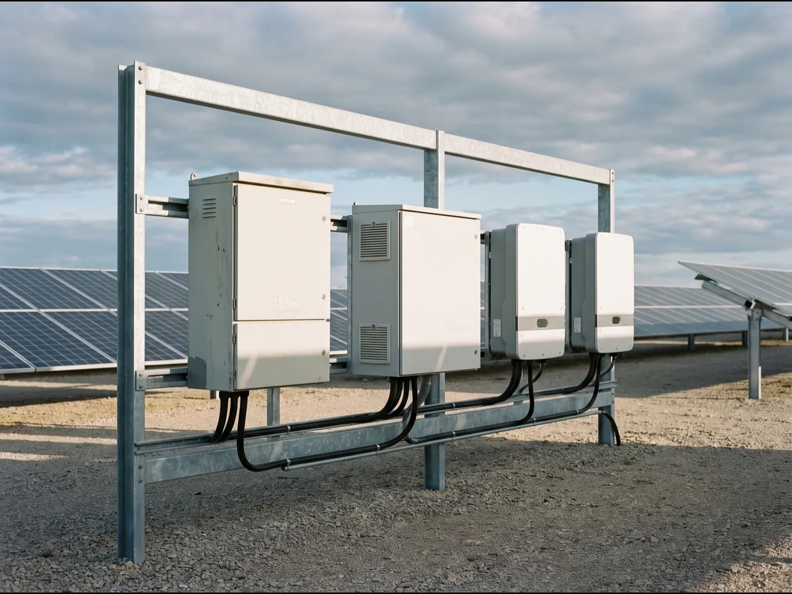 Several different makes of inverter cabinet mounted side by side on one steel frame at a solar array
