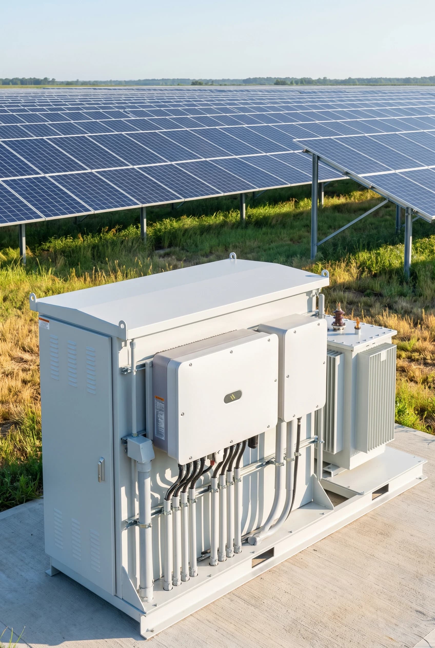 A skid-mounted string inverter and pad transformer at the edge of a solar array in open country