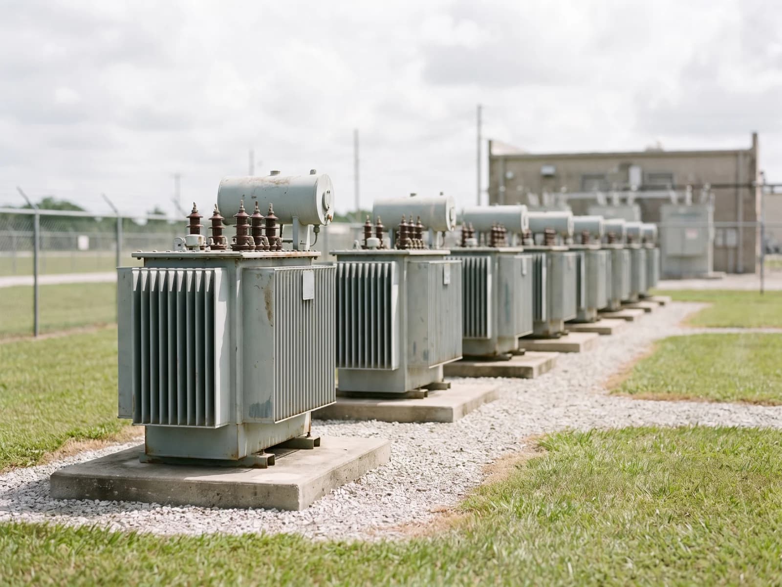 A long receding row of identical distribution transformers on concrete plinths in a utility yard