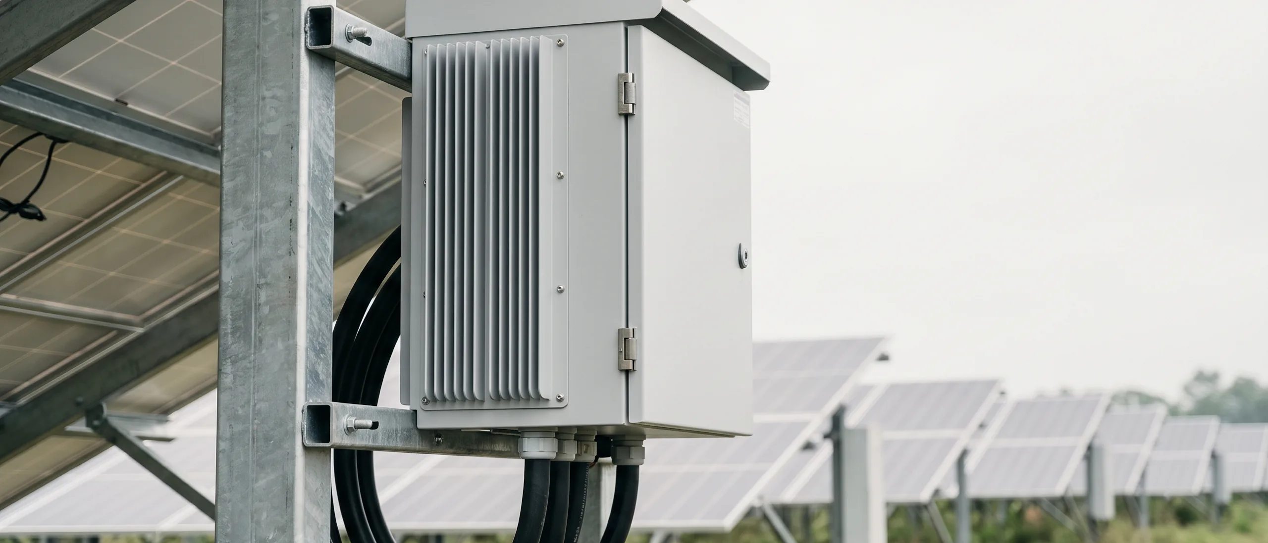 A single string inverter cabinet mounted at the edge of a solar array, panels receding behind it
