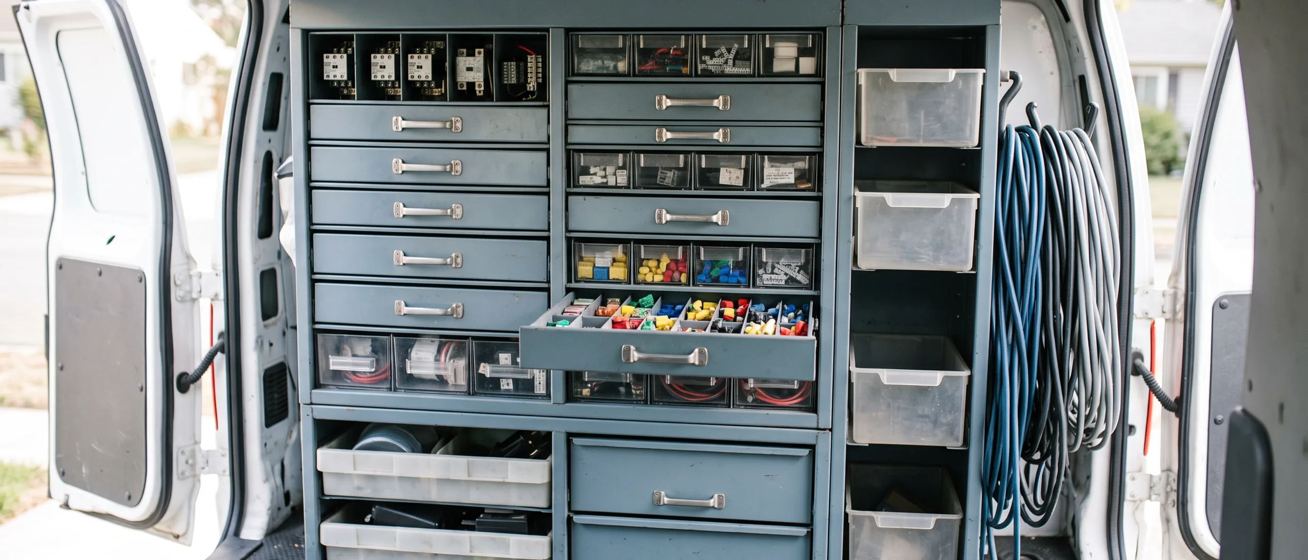 Pull-out parts drawers and clear-fronted bins of electrical spares inside a service van, one drawer open and one bin empty