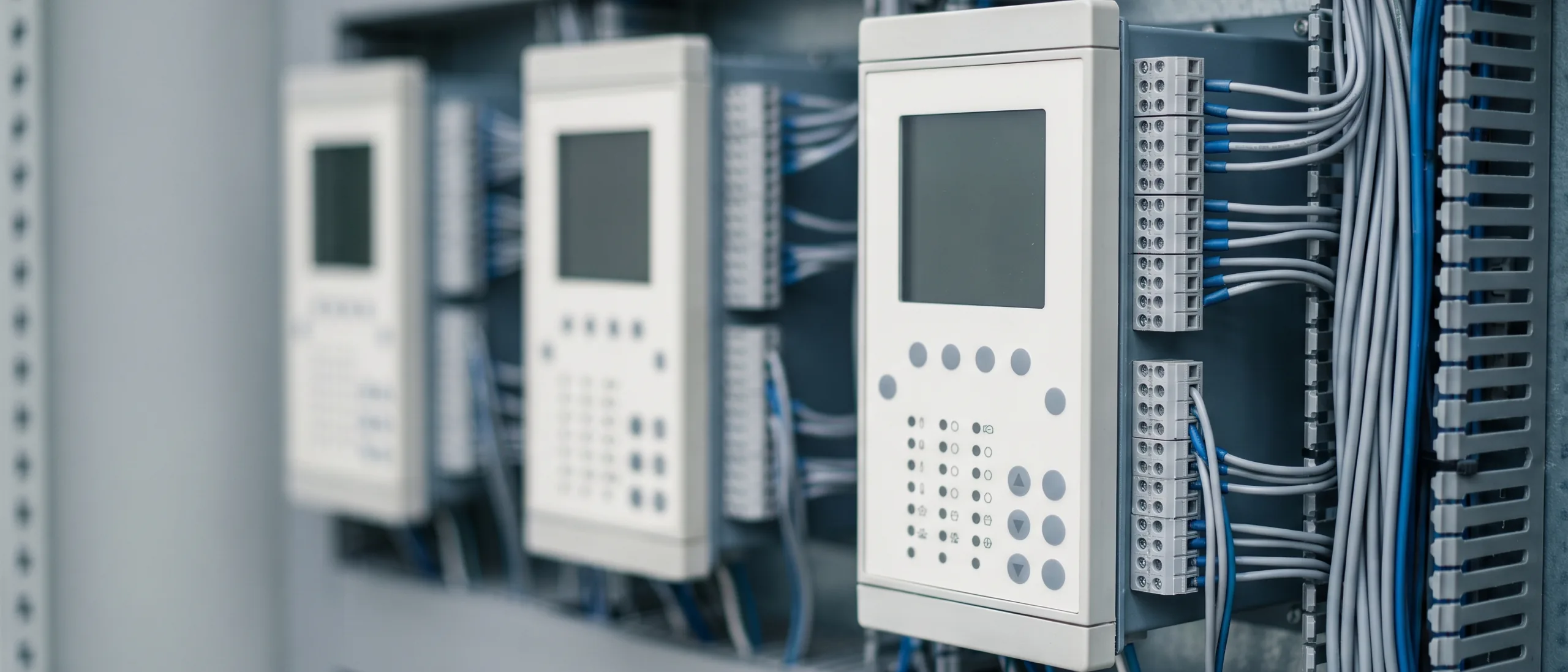 A close view of digital protection relays racked in a substation cabinet, wired into neat terminal blocks