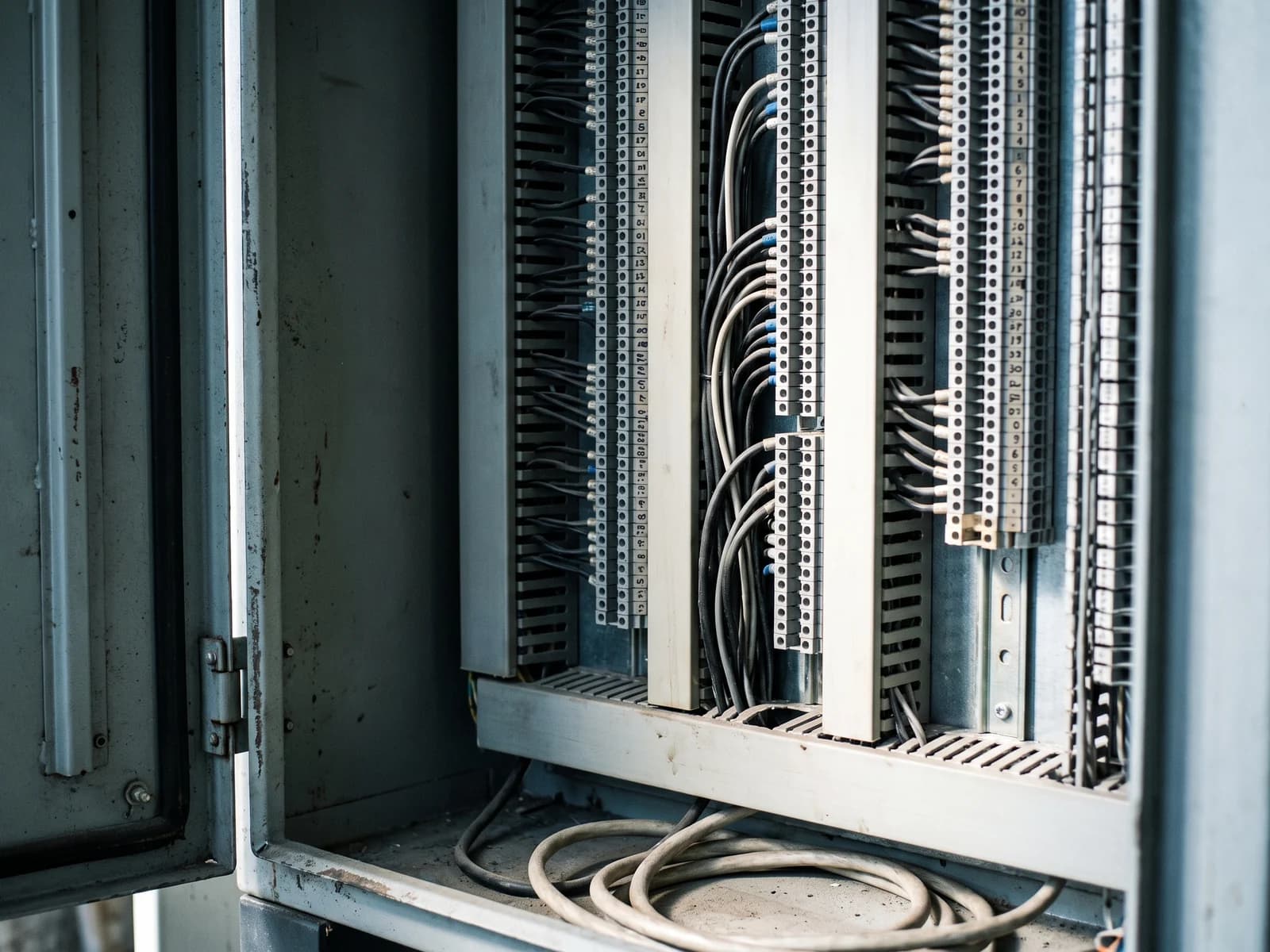 Inside an open substation control cabinet: vertical rows of numbered terminal blocks with grey control wiring landed on them, spare cable coiled at the base