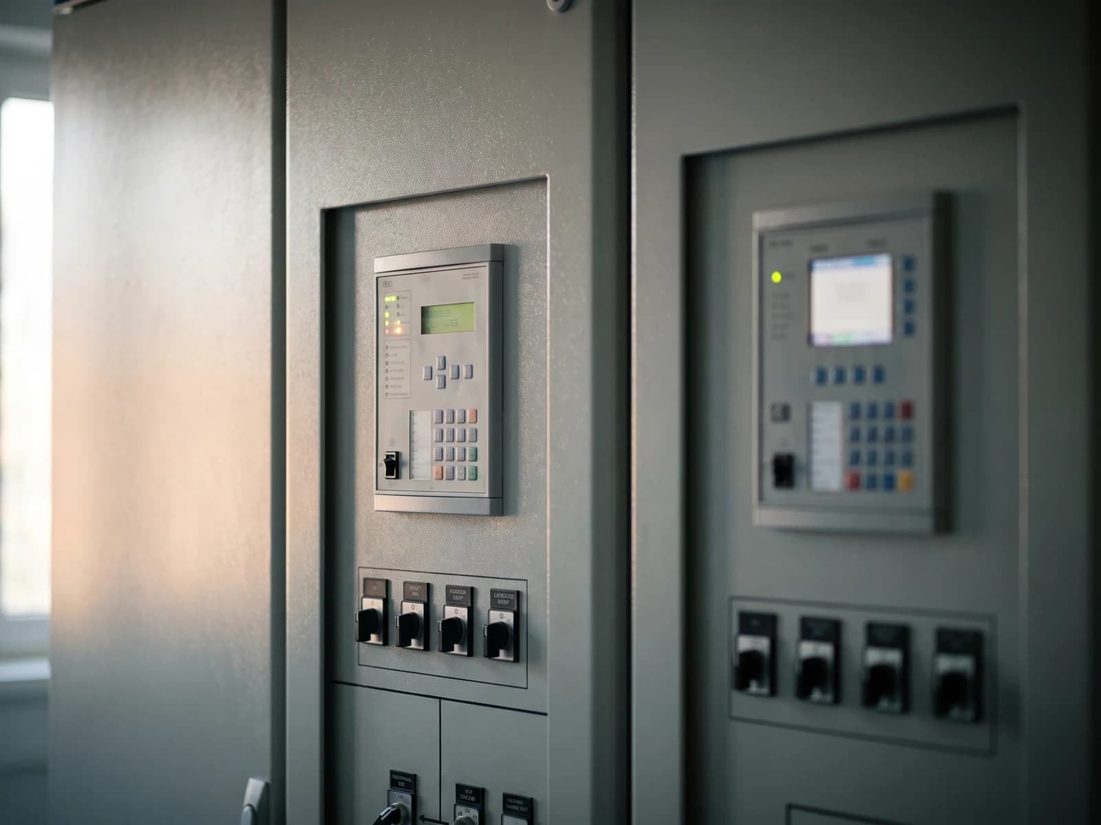 Two adjacent substation protection panels in close view: an older numerical relay with a monochrome LCD and keypad beside a newer relay with a color display, control switches below both