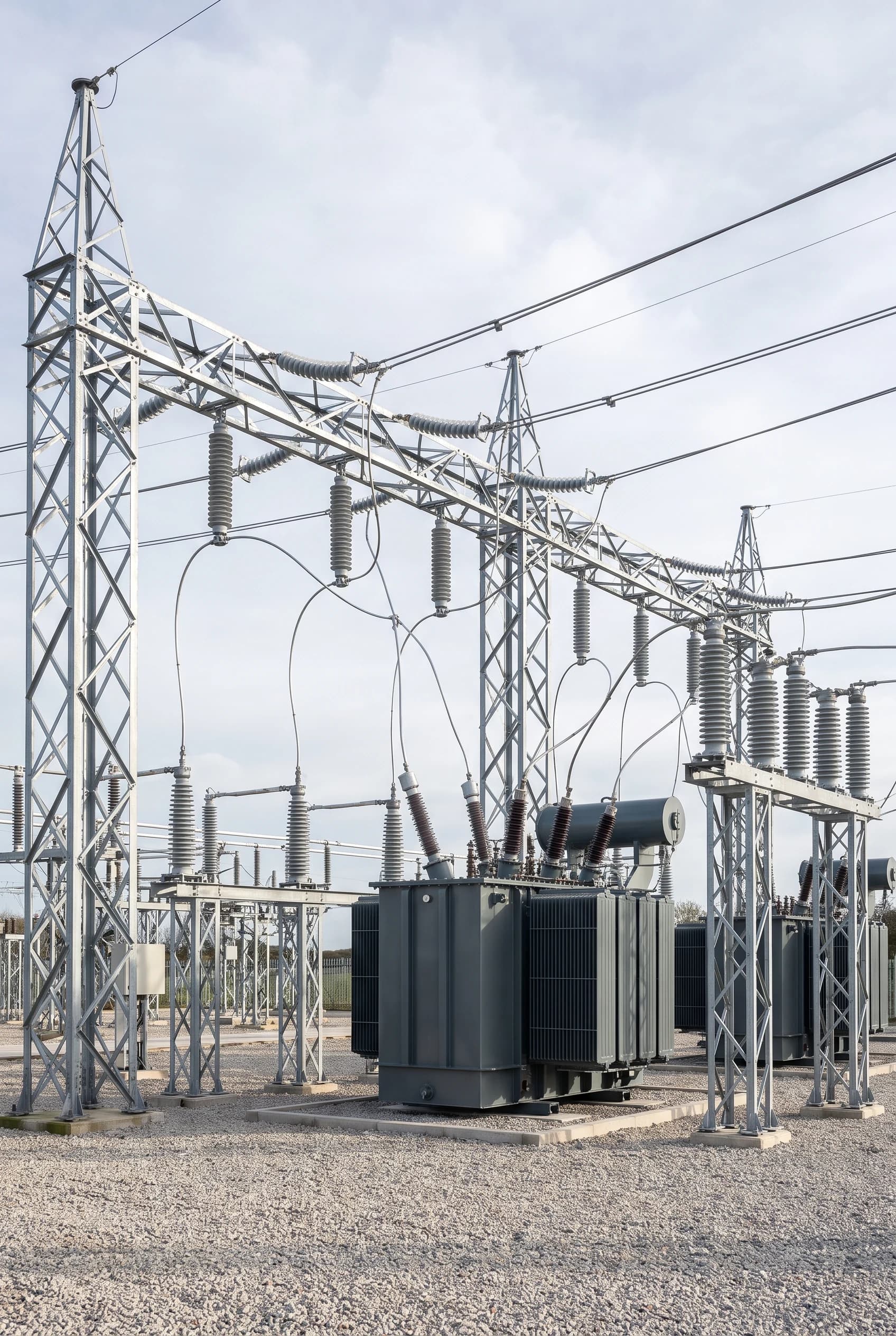 A power transformer and its radiator banks standing on gravel under the lattice gantry of a substation yard
