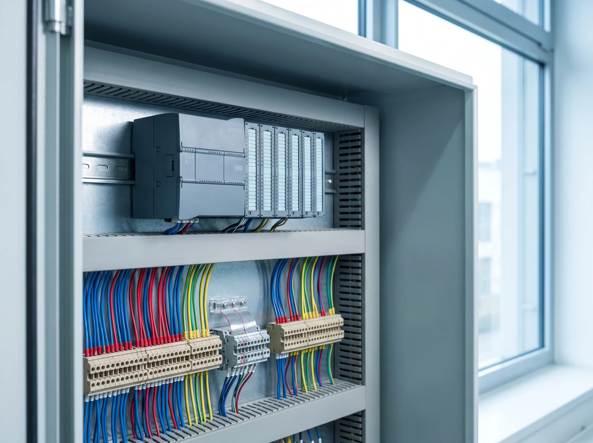 An open control cabinet: a PLC and remote terminal unit on a DIN rail above color-coded field wiring into terminal blocks
