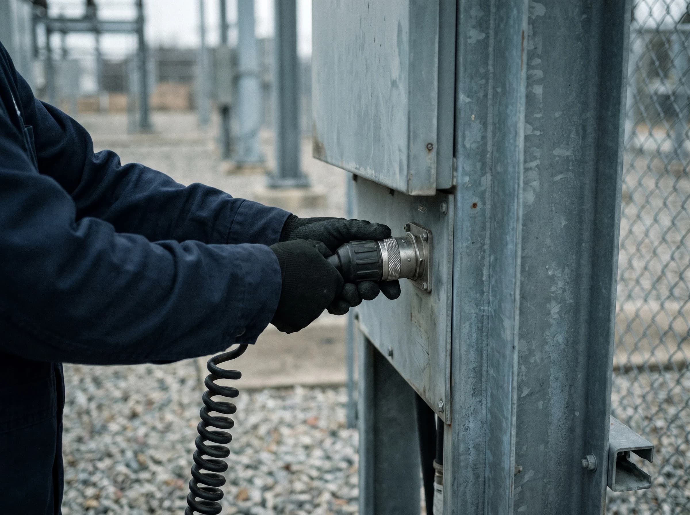 A technician connecting a diagnostic cable into a port on a substation cabinet
