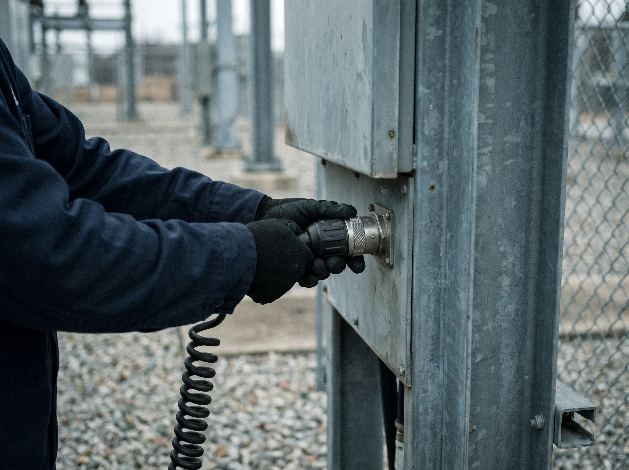 A technician connecting a diagnostic cable into a port on a substation cabinet