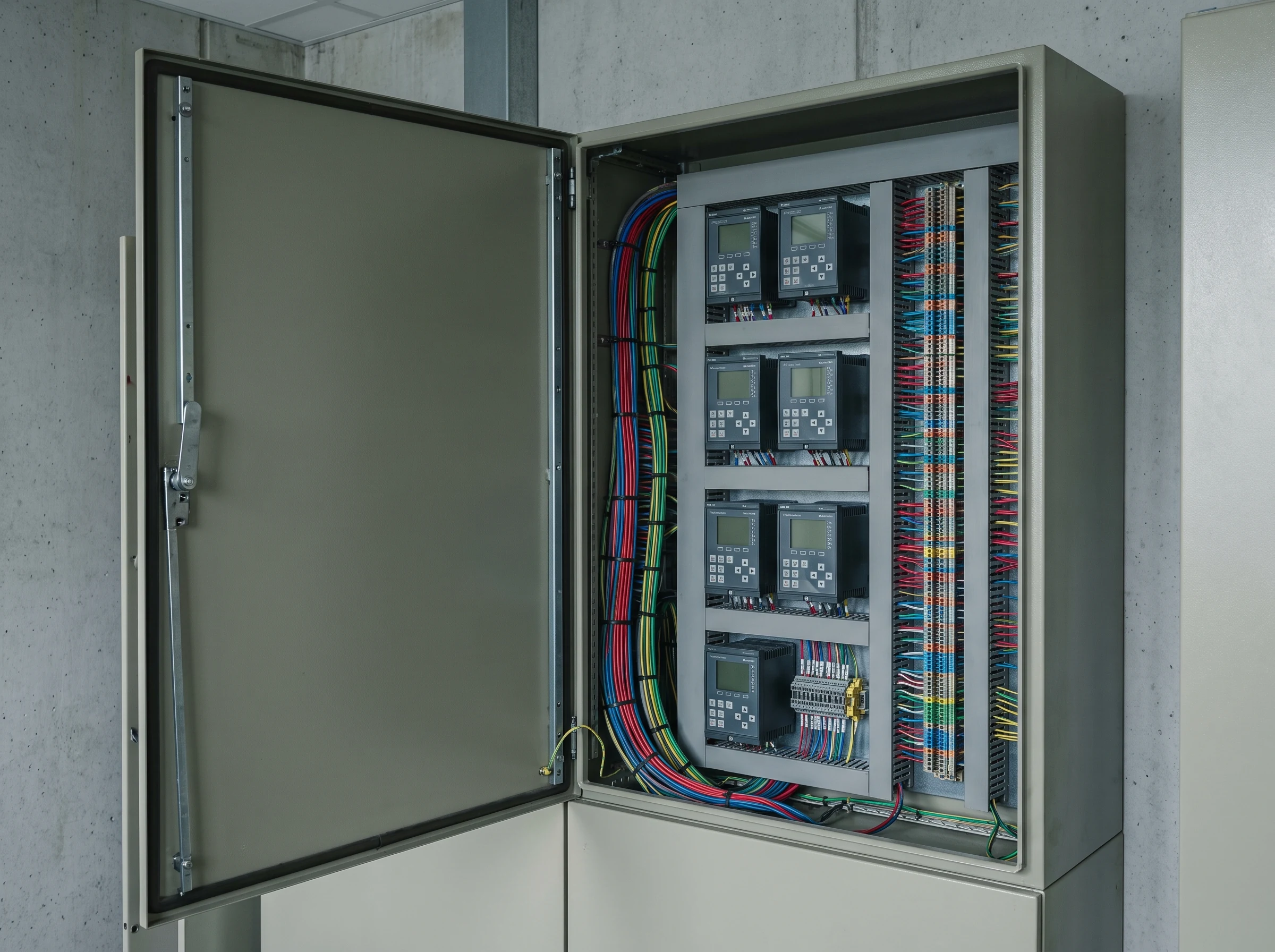 An open protection relay panel, its wiring loom and terminal blocks exposed