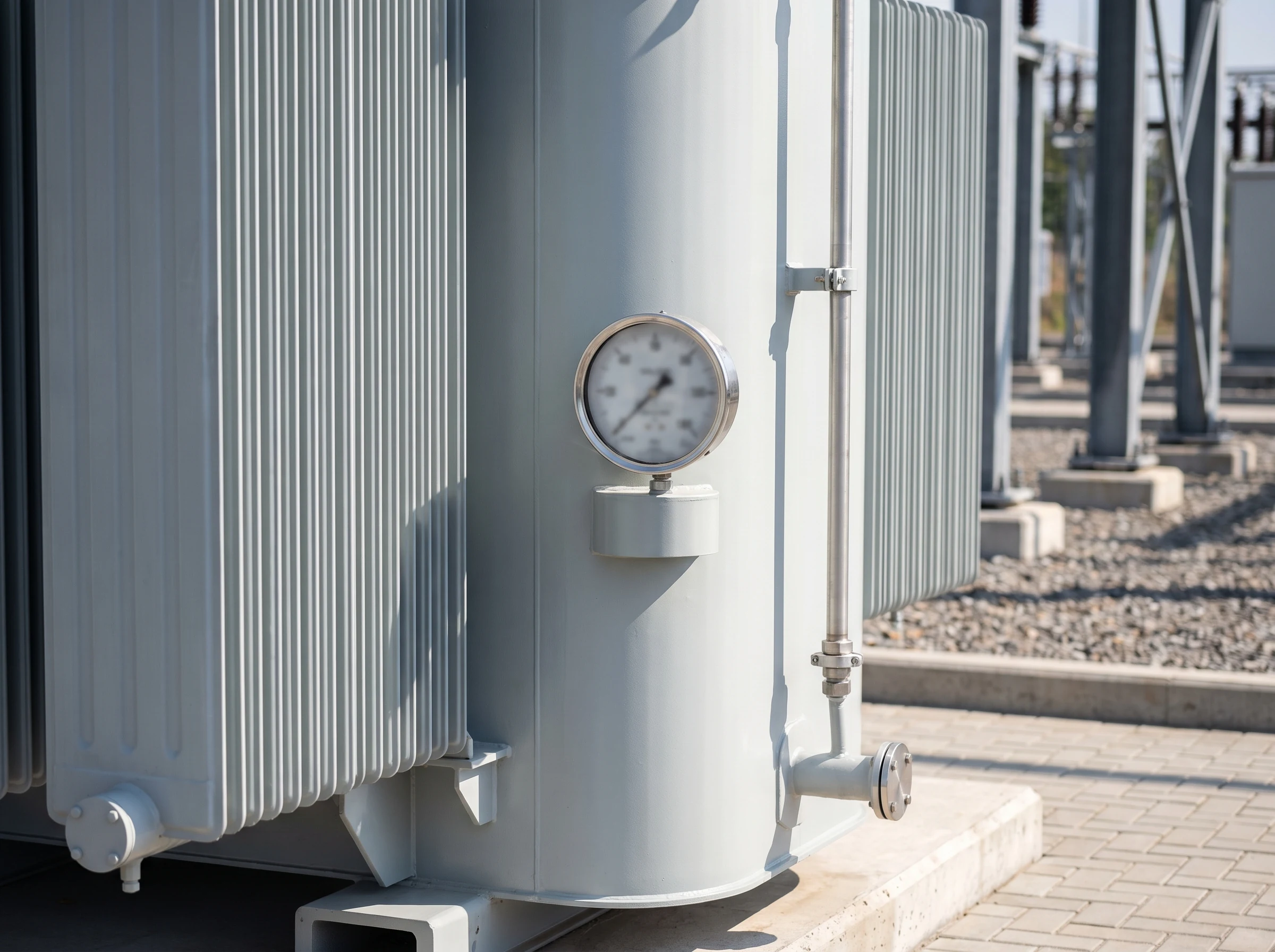 A dial gauge on the flank of an oil-filled power transformer