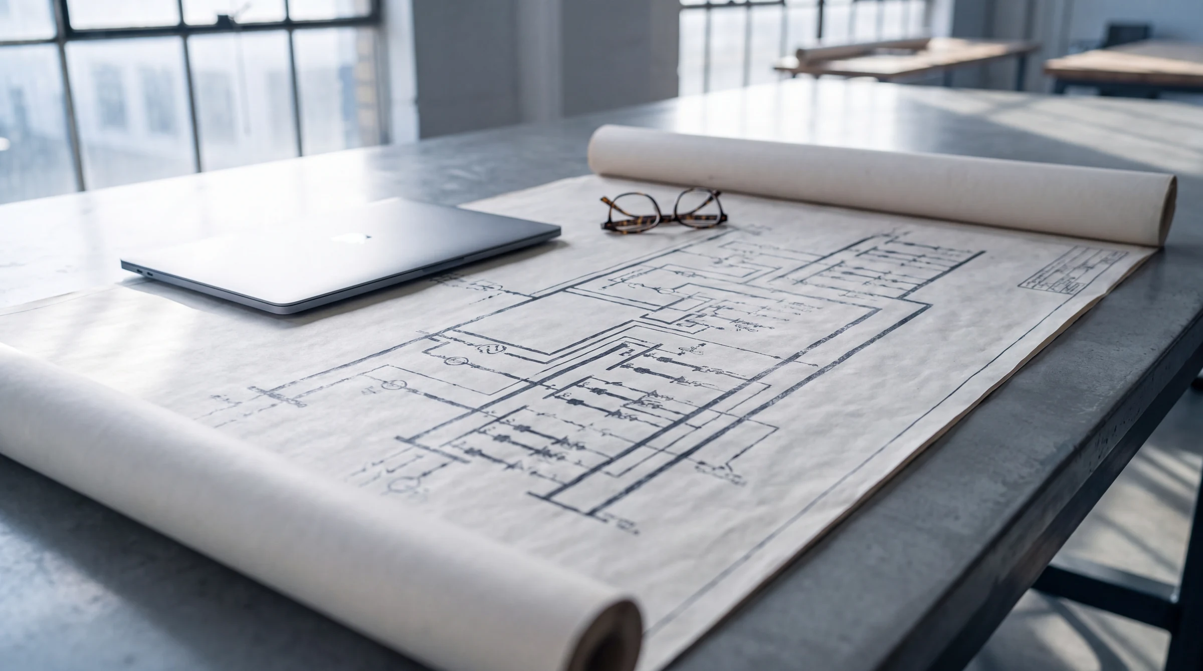 A substation single-line drawing unrolled on a worktable beside a closed laptop
