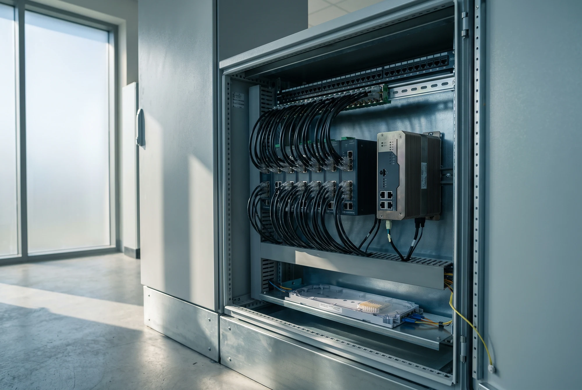 A communications cabinet in a control building: industrial switches, a ruggedized firewall and dressed patch leads