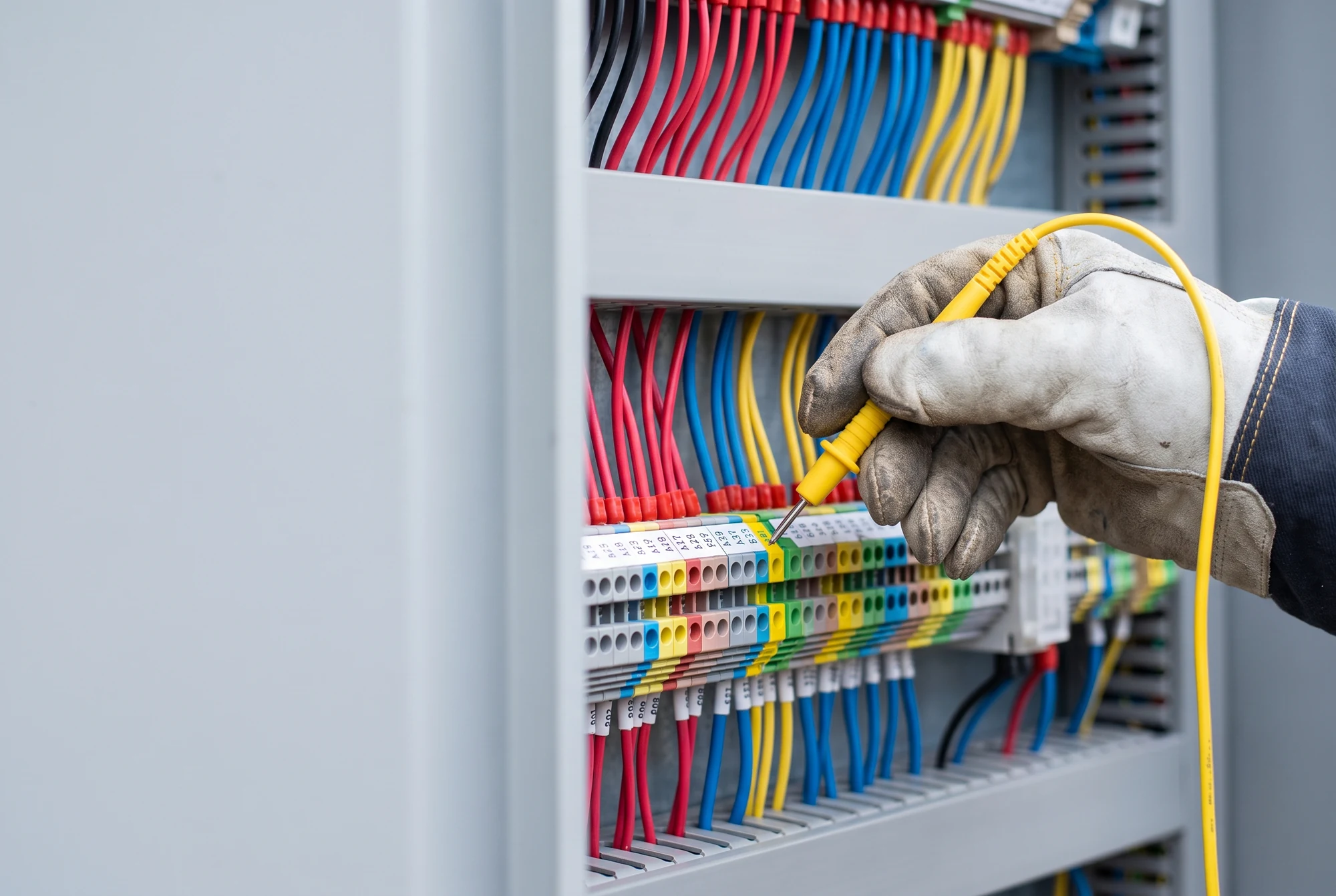 A gloved hand holding a patch lead beside an open terminal block, not yet connected