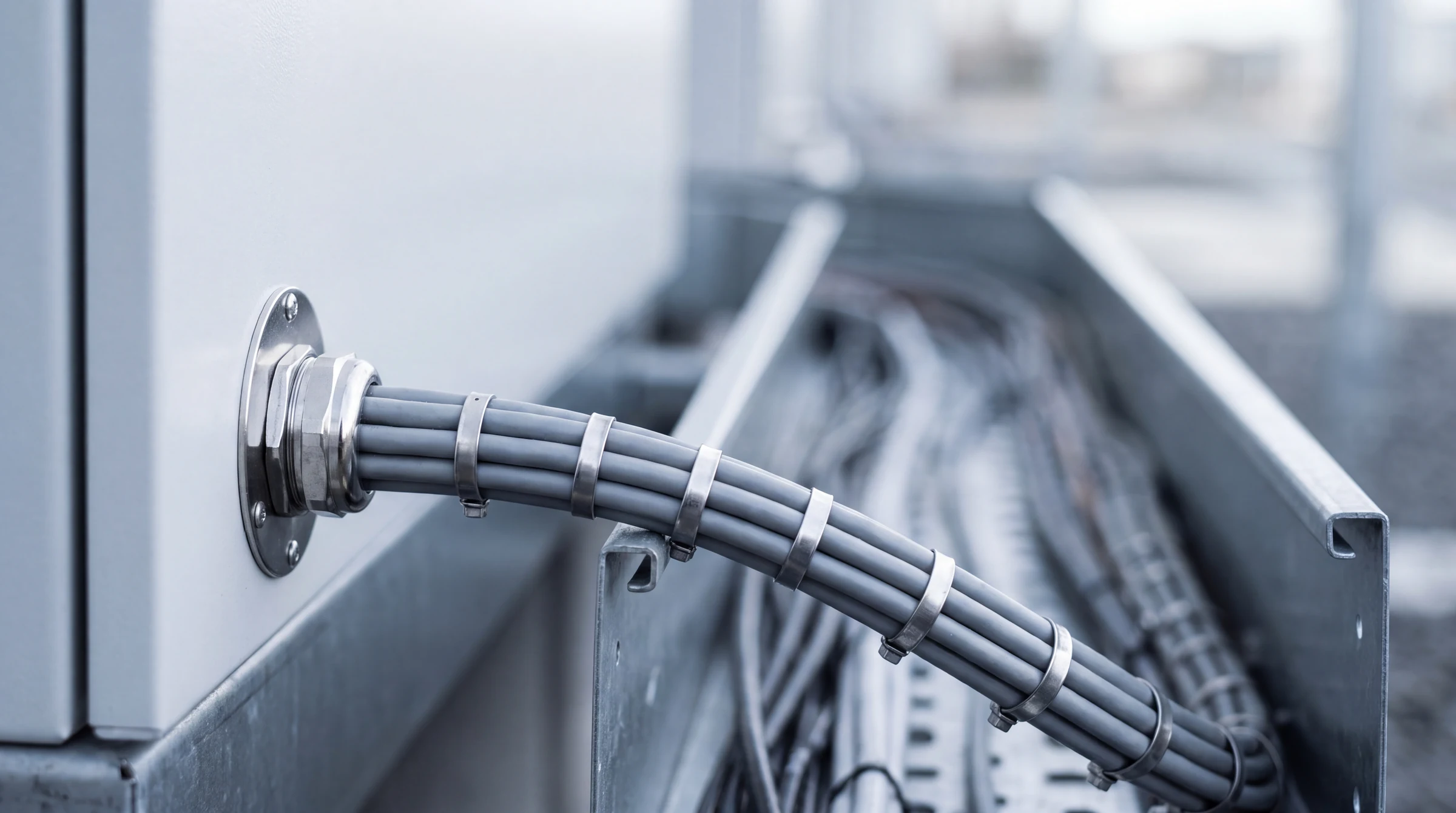 A single armoured lead leaving a substation cabinet through a gland plate into a cable duct