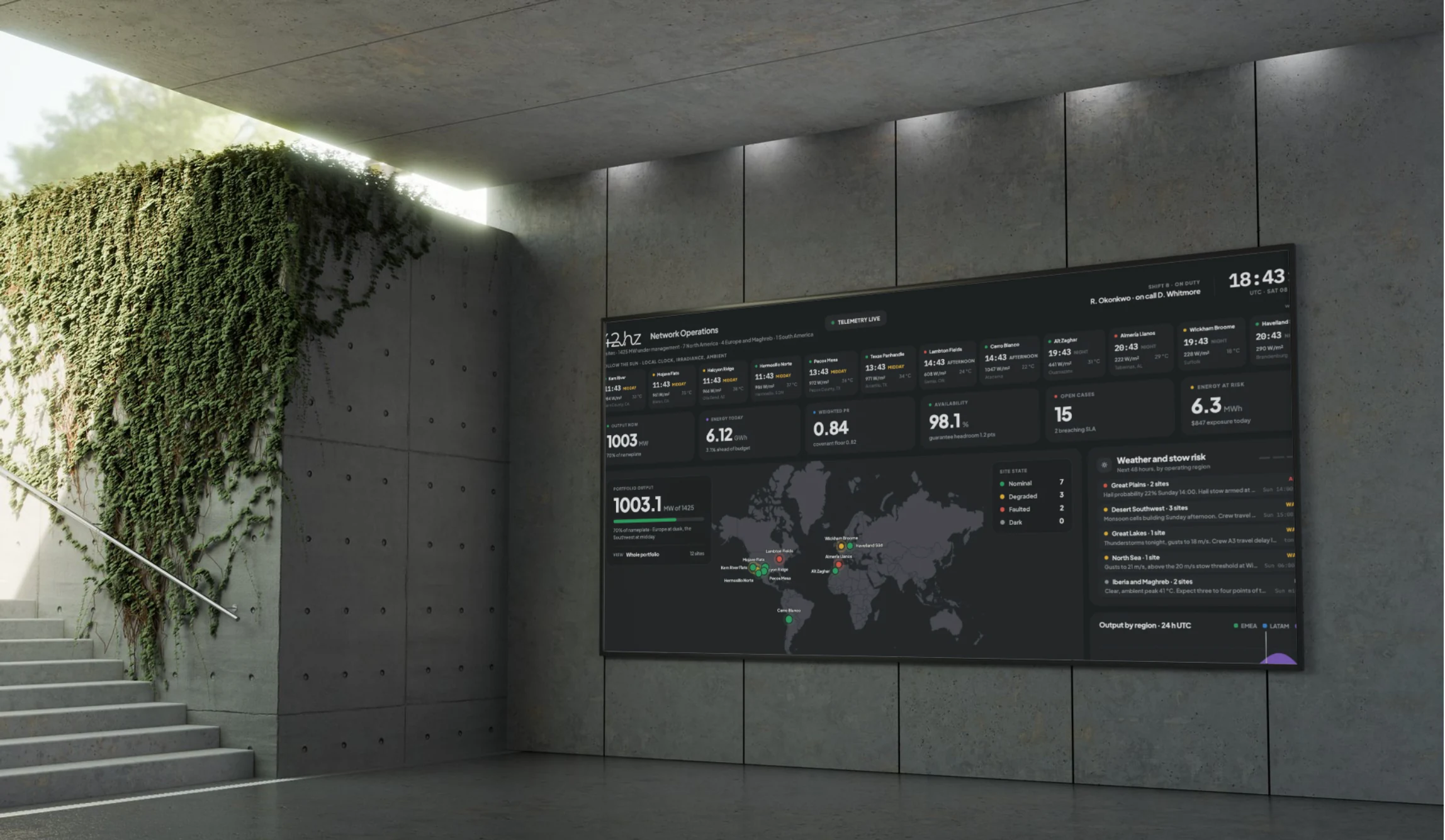 A network operations wall running in a concrete building: twelve sites across the top by local time and irradiance, portfolio output, availability and energy at risk, a world map of every site by state, and the next forty-eight hours of weather and stow risk by region